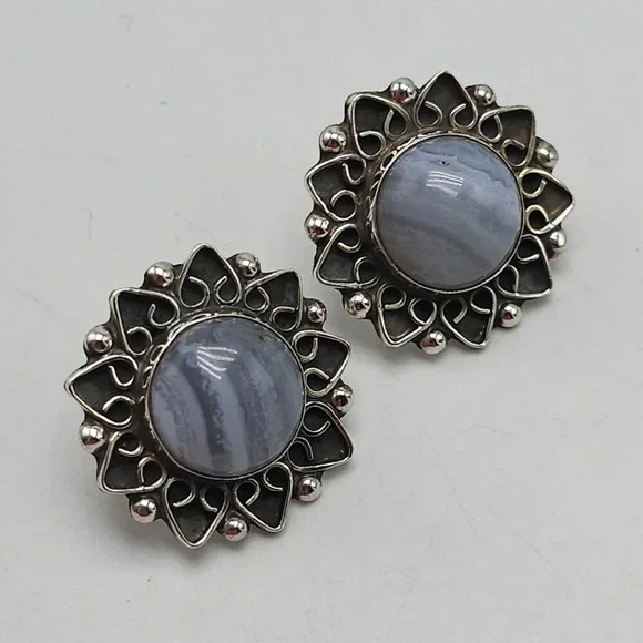 Vintage Sterling Silver CII Mexico Blue Lace Agate Sun Burst Earrings - Picture 2 of 6